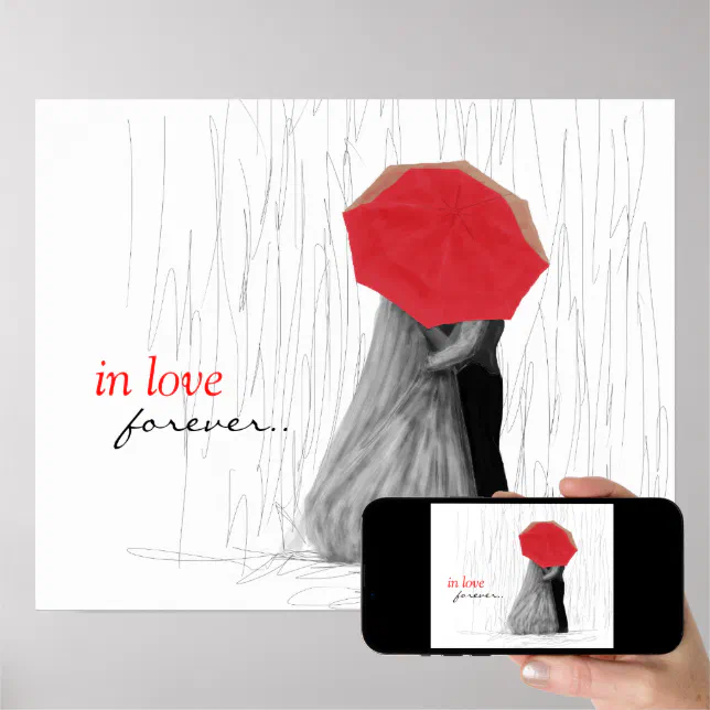 Cute Couple with Red Umbrella Art Poster Zazzle