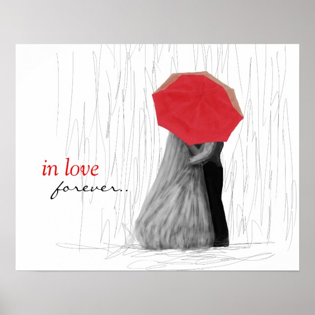 Cute Couple with Red Umbrella Art Poster (Front)