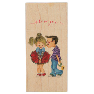 Cute Couple Wood USB Flash Drive - I Love You