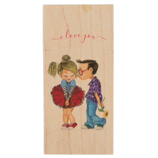 Cute Couple Wood USB Flash Drive - I Love You (Front Vertical)