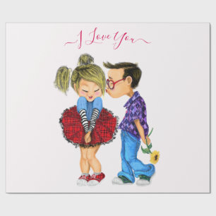 Cute Couple Wrapping Paper with Text - I Love You