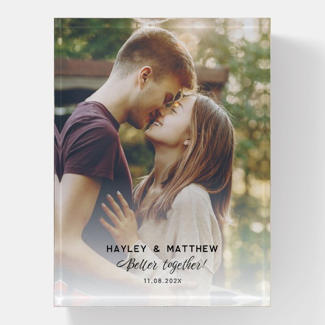 Cute Couples Photo Script Engagement Keepsake Paperweight (Vertical)