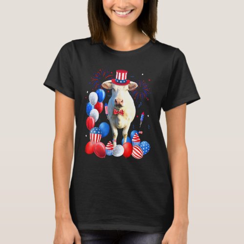 Cute Cow 4th Of July Balloons American Flag T-Shirt
