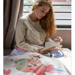 Cute Cow,Airplane,Cats,Moon,Whimsical,Watercolor Fleece Blanket
