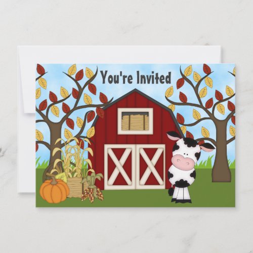 Cute Cow and Barn Autumn Birthday Invitation