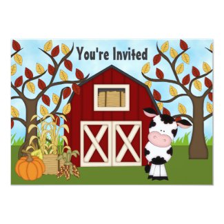 Cute Cow and Barn Autumn Birthday Invitation