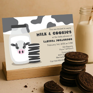 Cute Cow and Milk and Cookies Beige Baby Shower Invitation