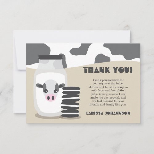 Cute Cow and Milk and Cookies Beige Baby Shower Thank You Card