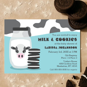 Cute Cow and Milk and Cookies Blue Baby Shower Invitation