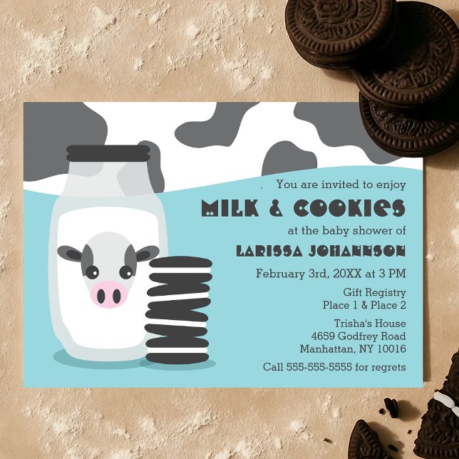 Cute Cow and Milk and Cookies Blue Baby Shower Invitation (Cute Cow and Milk and Cookies Blue Baby Shower Invitation)