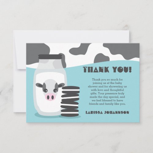 Cute Cow and Milk and Cookies Blue Baby Shower Thank You Card