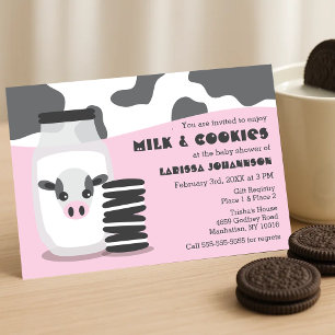 Cute Cow and Milk and Cookies Pink Baby Shower Invitation