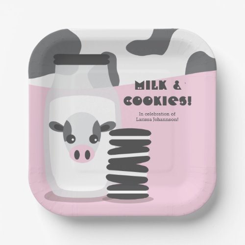 Cute Cow and Milk and Cookies Pink Baby Shower  Paper Plates