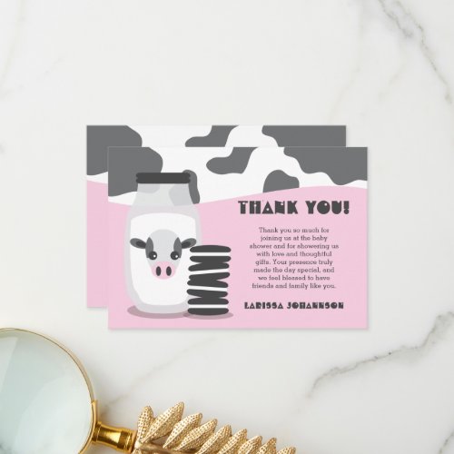 Cute Cow and Milk and Cookies Pink Baby Shower  Thank You Card