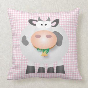 Cute Cow And Pastel Pink Gingham Plaid Pattern Throw Pillow