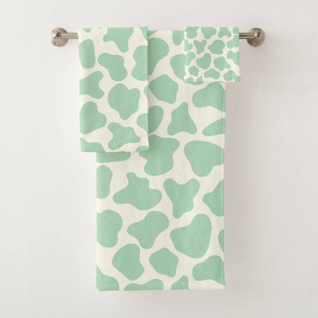 Cute Cow Animal Print Pattern Aesthetic Mint Green Bath Towel Set (Insitu)