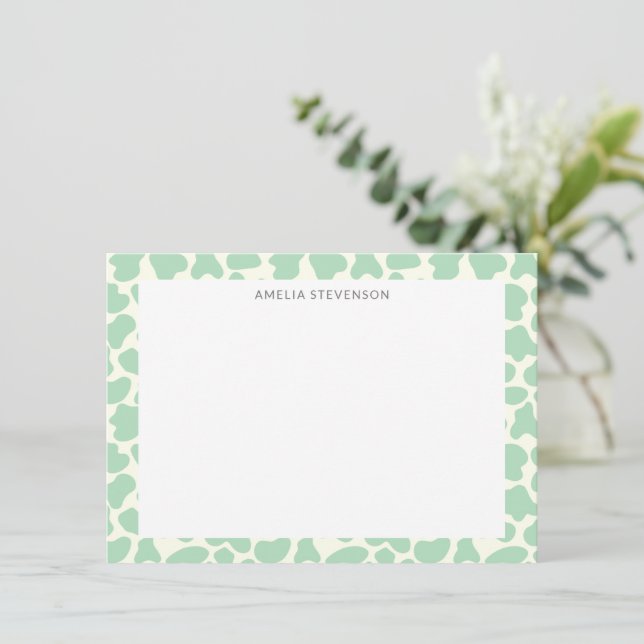 Cute Cow Animal Print Pattern Personalized Green Note Card (Standing Front)