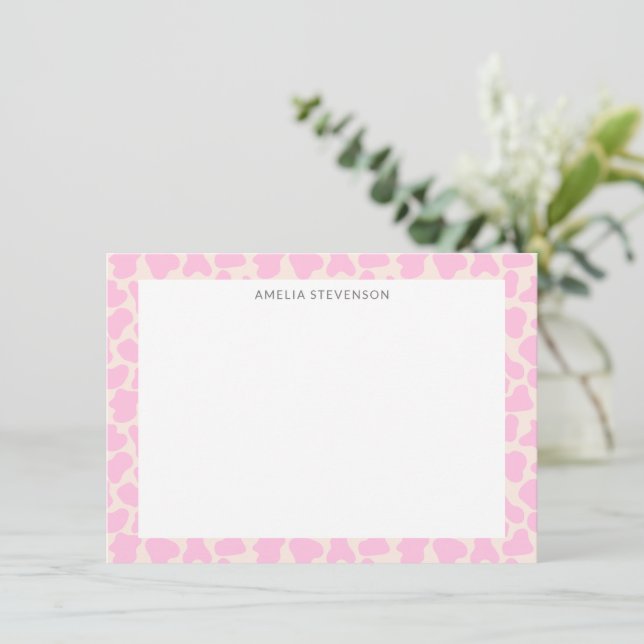 Cute Cow Animal Print Pattern Personalized Pink Note Card (Standing Front)