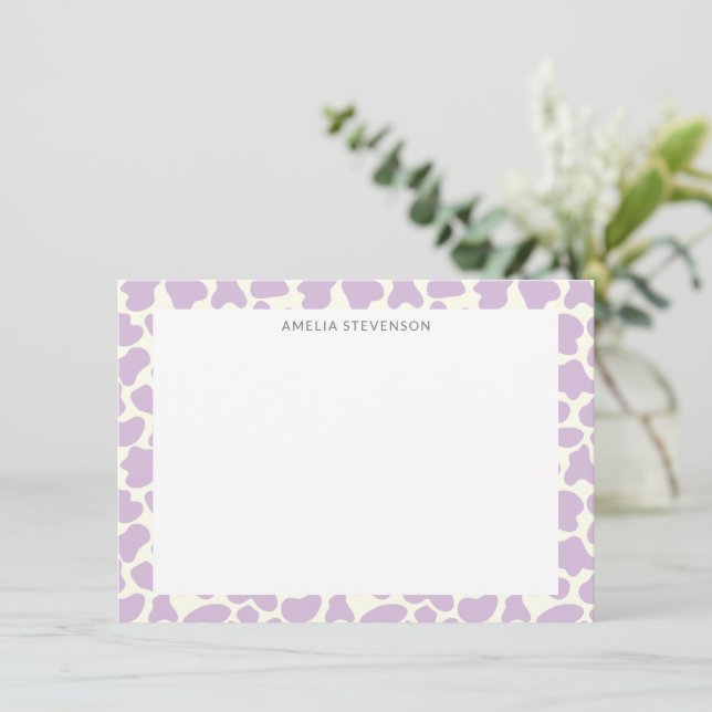 Cute Cow Animal Print Pattern Personalized Purple Note Card (Standing Front)