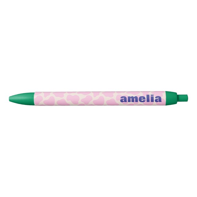 Cute Cow Animal Print Pattern Pink Green Name Pen (Front)