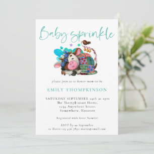 Cute Cow Asleep Farm Teal Baby Sprinkle Invitation