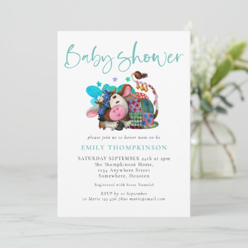 Cute Cow Asleep Gender Neutral Teal Baby Shower Invitation