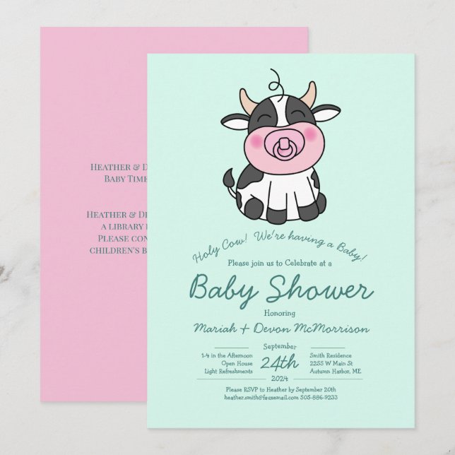 Cute Cow Baby Shower Kawaii Pink Girl Invitation (Front/Back)