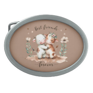 Cute Cow Best Friends Hug Floral Art Belt Buckle