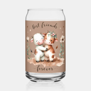 Cute Cow Best Friends Hug Floral Art Can Glass