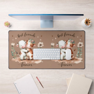 Cute Cow Best Friends Hug Floral Art Desk Mat