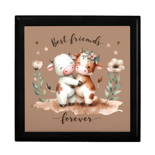 Cute Cow Best Friends Hug Floral Art Gift Box (Front)