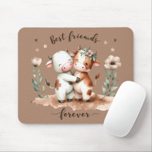 Cute Cow Best Friends Hug Floral Art Mouse Pad