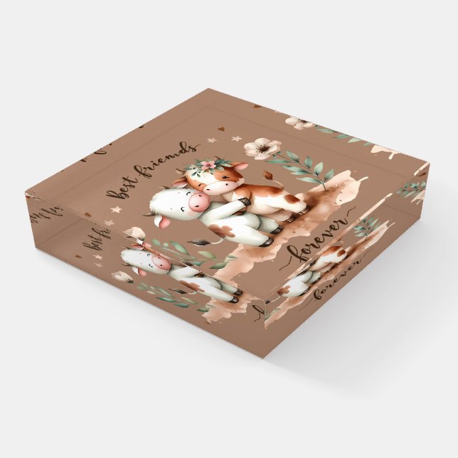 Cute Cow Best Friends Hug Floral Art Paperweight (Angled)