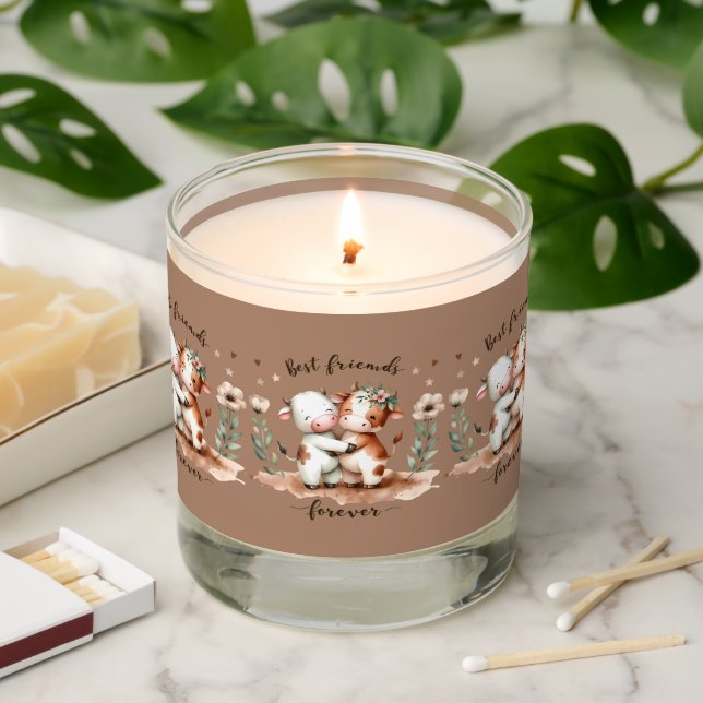 Cute Cow Best Friends Hug Floral Art Scented Candle (Lit)