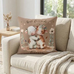 Cute Cow Best Friends Hug Floral Art Throw Pillow
