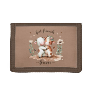 Cute Cow Best Friends Hug Floral Art Tri-fold Wallet