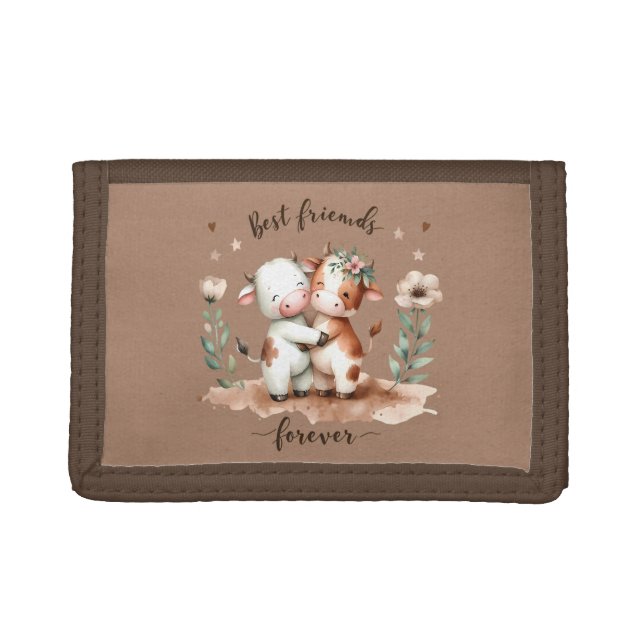 Cute Cow Best Friends Hug Floral Art Trifold Wallet (Front)