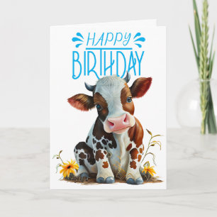 Cute Cow Birthday Boy Blue Card