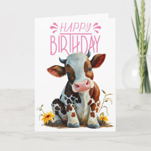 Cute Cow Birthday Girl Pink Card