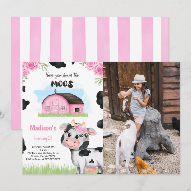 Cute Cow Birthday Photo Invitation (Front/Back)