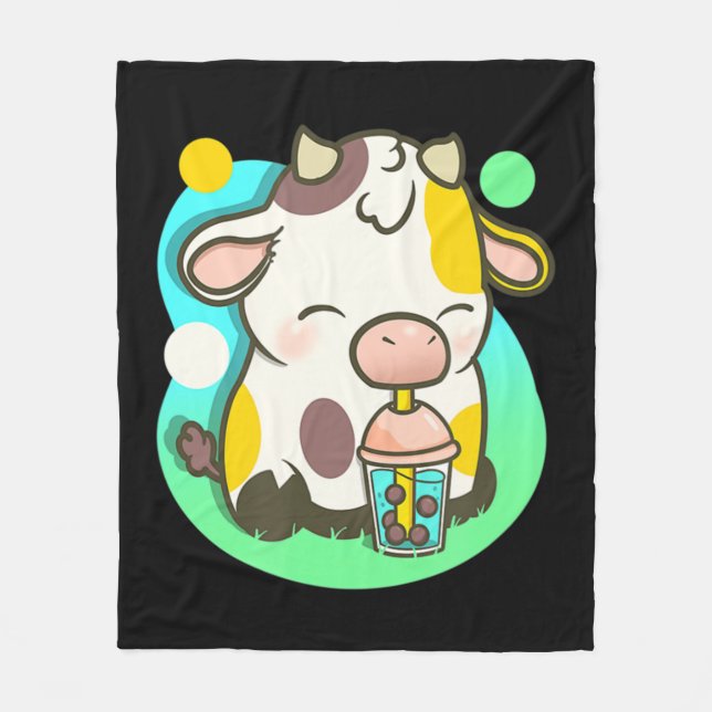 Cute Cow Boba Tea Bubble Tea Anime Kawaii  Fleece Blanket (Front)
