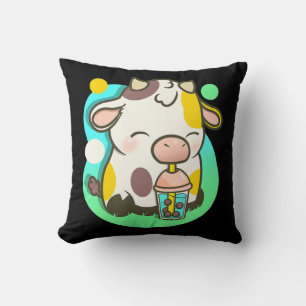 Cute Cow Boba Tea Bubble Tea Anime Kawaii  Throw Pillow