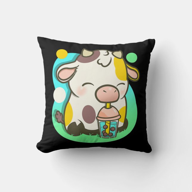 Cute Cow Boba Tea Bubble Tea Anime Kawaii  Throw Pillow (Front)