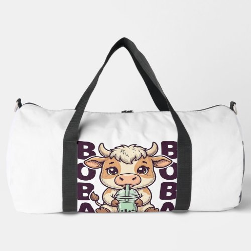 Cute Cow Boba Tea Vintage Engraving T-Shirt Design Duffle Bag