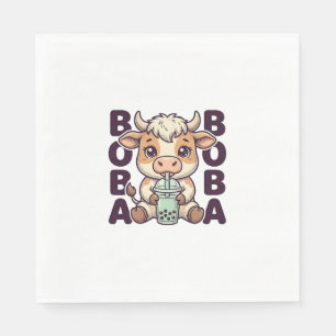 Cute Cow Boba Tea Vintage Engraving T-Shirt Design Napkins