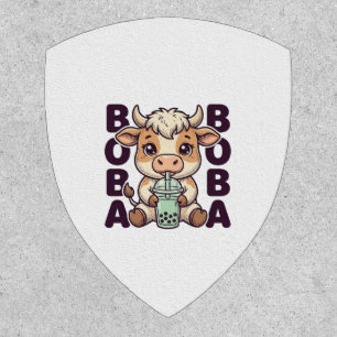 Cute Cow Boba Tea Vintage Engraving T-Shirt Design Patch
