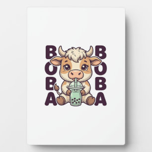 Cute Cow Boba Tea Vintage Engraving T-Shirt Design Plaque