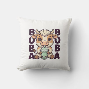 Cute Cow Boba Tea Vintage Engraving T-Shirt Design Throw Pillow