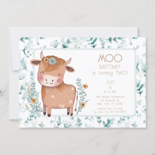 Cute Cow Boho Floral Second Birthday Invitation