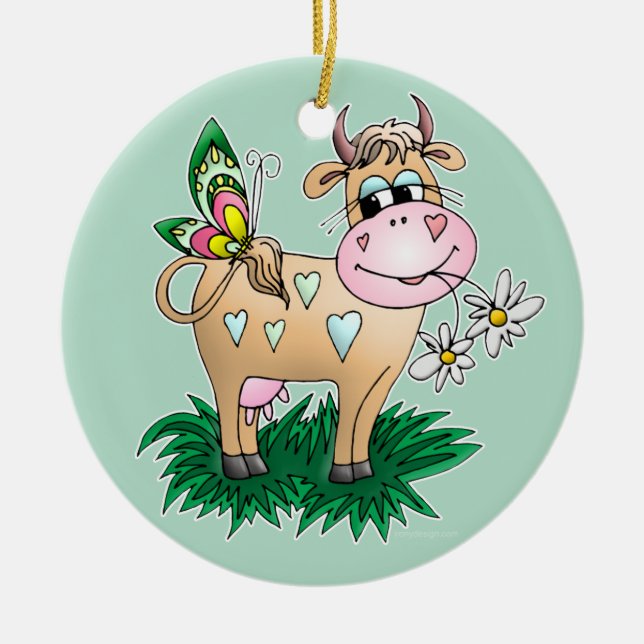 Cute Cow & Butterfly Ceramic Ornament (Front)